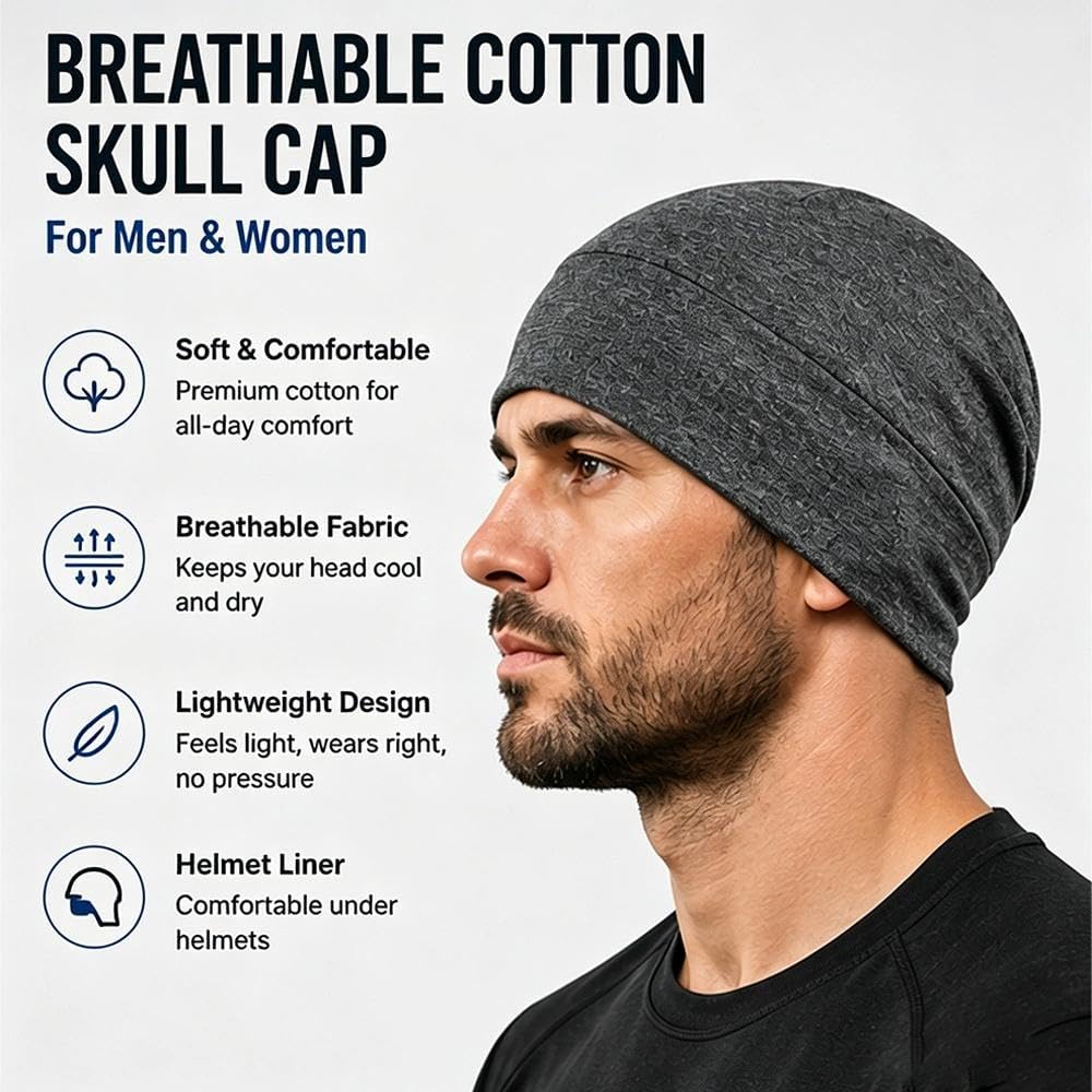 Breathable Cotton Skull Caps for Men & Women. Lightweight Beanie Hat Grey | Breathable Cotton Skull Caps for Men & Women.
