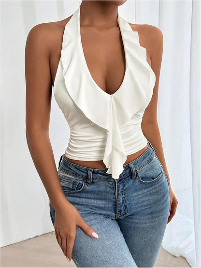 Women's Ruffle Halter Tops Ruched V Neck Sleeveless Summer Going Out Crop Tops
