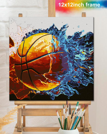 Framed Paint by Number Kit 12 x 12 Inch Fire and Water Basketball | DIY Paint by Numbers with Frame