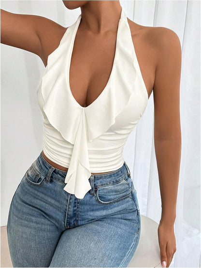Women's Ruffle Halter Tops Ruched V Neck Sleeveless Summer Going Out Crop Tops