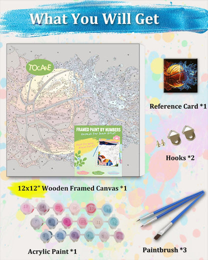 Framed Paint by Number Kit 12 x 12 Inch Fire and Water Basketball | DIY Paint by Numbers with Frame