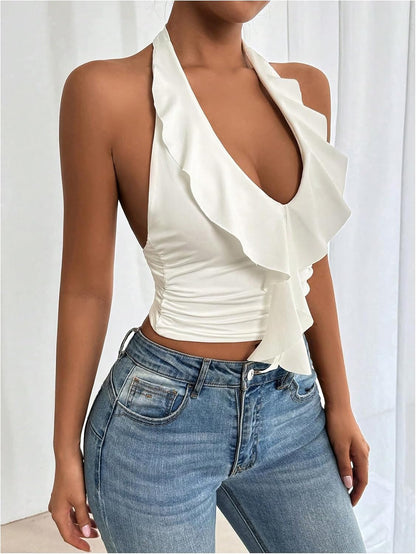 Women's Ruffle Halter Tops Ruched V Neck Sleeveless Summer Going Out Crop Tops