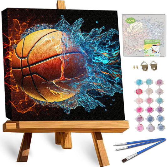 Framed Paint by Number Kit 12 x 12 Inch Fire and Water Basketball | DIY Paint by Numbers with Frame