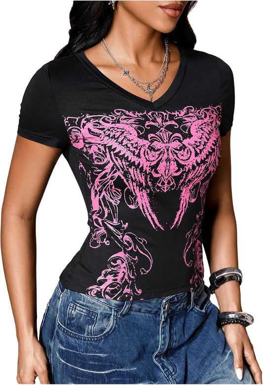 Women's Y2K Graphic Tees Gothic Crop Tops 2000s Tshirt Black | Short Sleeve. V Neck. Vintage Retro Top