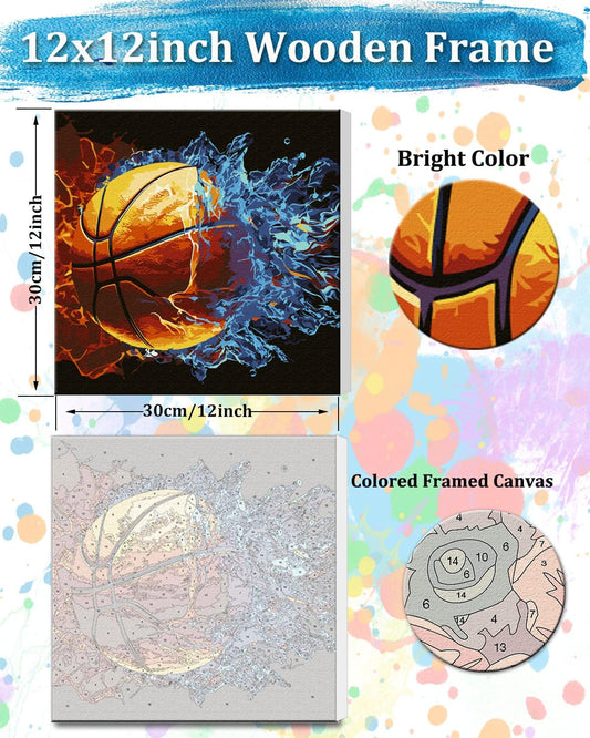 Framed Paint by Number Kit 12 x 12 Inch Fire and Water Basketball | DIY Paint by Numbers with Frame